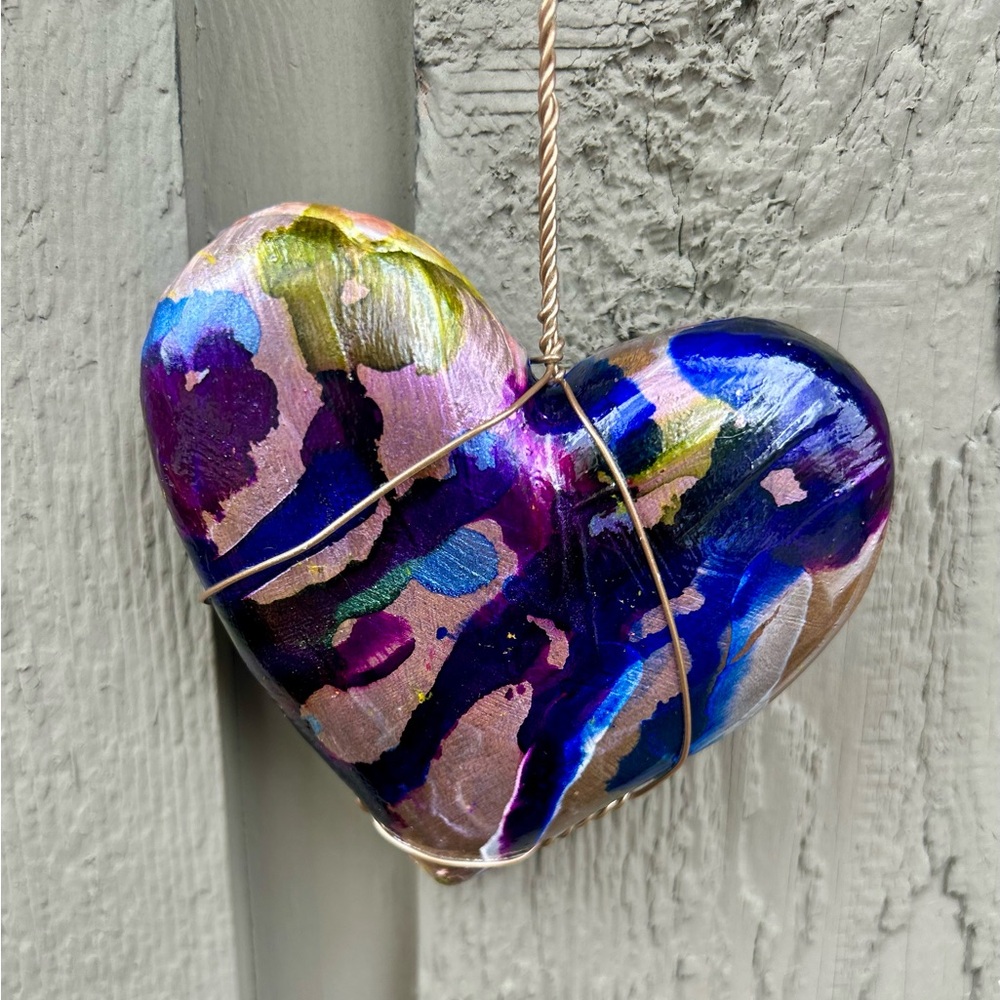 Original, handmade wall art. Mixed Media made of wood, Star and heart with beads